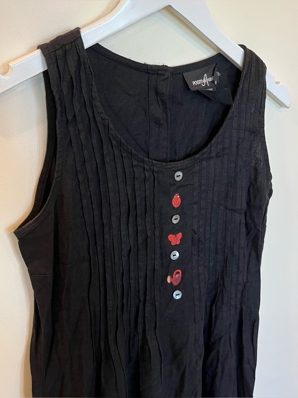 Vintage Positive Attitude Black XS Petite Linen Maxi Dress Garden Pleated Earthy